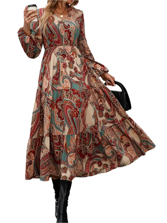 Long Sleeve Paisley Print High Waist Dress