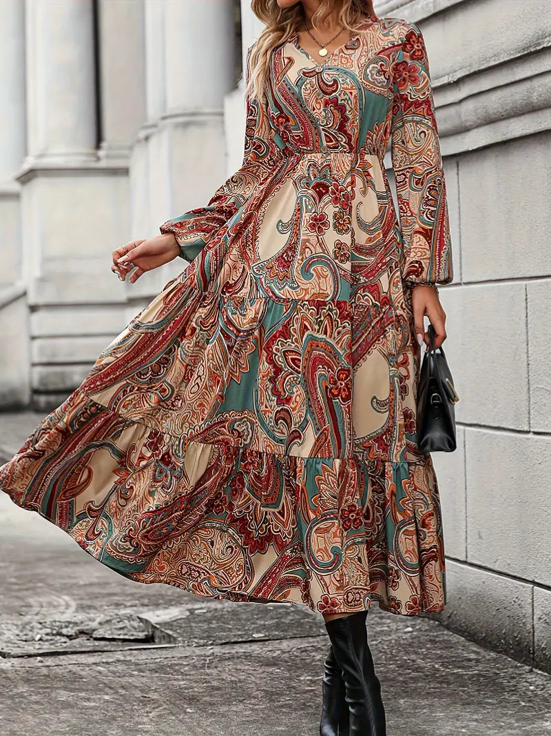 Long Sleeve Paisley Print High Waist Dress