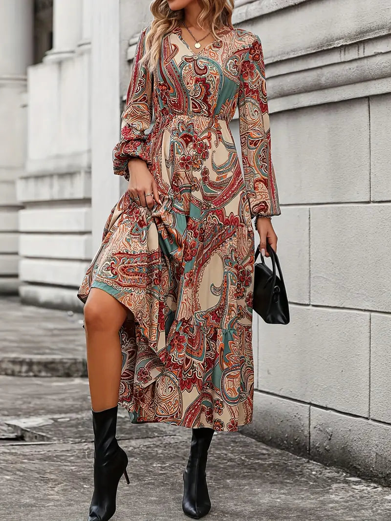 Long Sleeve Paisley Print High Waist Dress