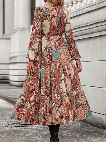 Long Sleeve Paisley Print High Waist Dress